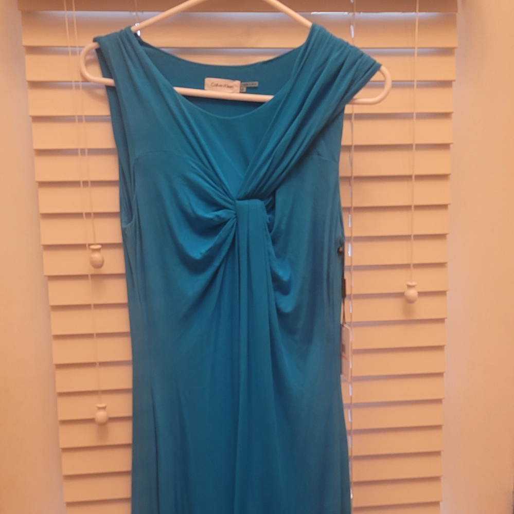 NWT Calvin Klein Turquoise Blue Ruched Sleeveless Dress Size 10
